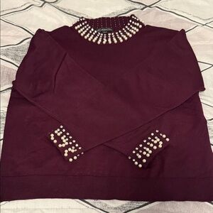 Adrianna Papell Plum Sweater with Pearl and Rhinestone Details